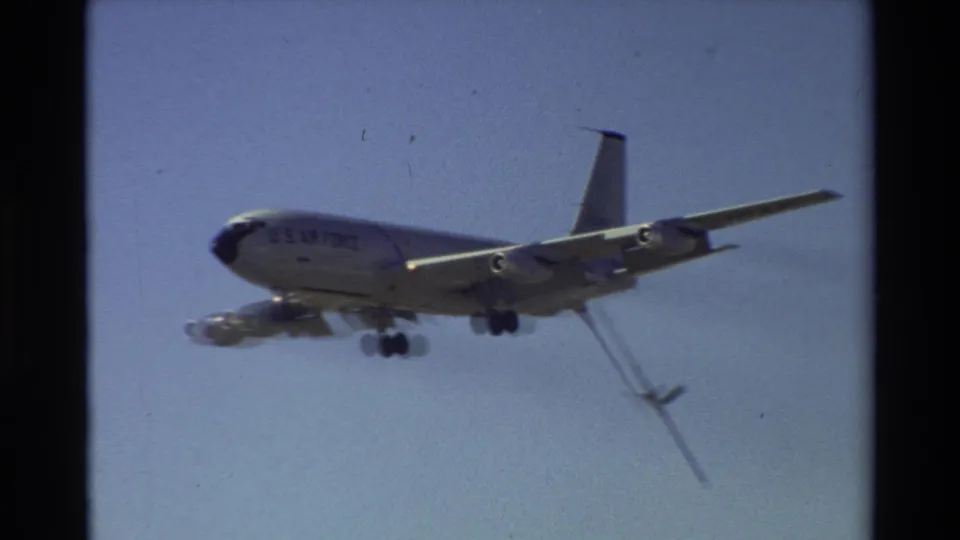1981 Beale AFB footage shows a U.S. Air Force tanker aircraft flying with its refueling boom extended in a clear sky.