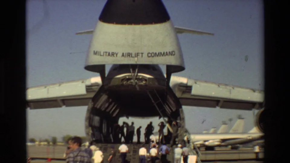 A closer 1981 Beale AFB view shows Military Airlift Command lettering above the open C-5 cargo bay as visitors tour the aircraft.
