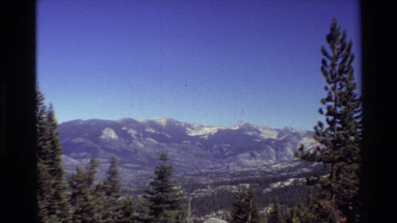 1981 8mm home-movie frame of a broad mountain range with snowy peaks, evergreens in the foreground, and dark film borders.