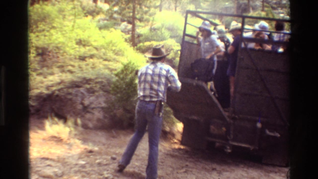 Man in plaid shirt stands near the rear of a tour truck in the forest.