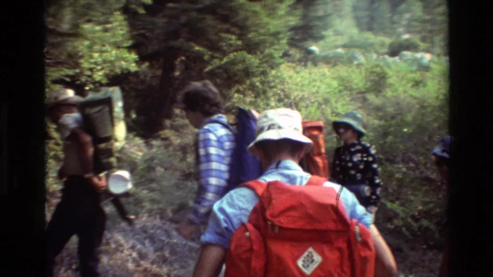 A rear view of hikers with red and green backpacks on a wooded trail, with several people visible among trees and brush.