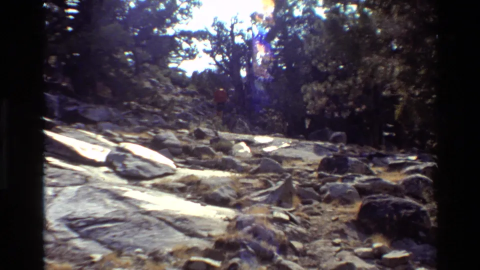 Rocky wooded scenery in the listed 1981 hiking clip, showing boulders, trees, and high-contrast sunlight on the trail.