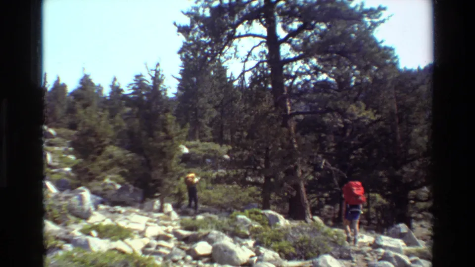 Backpackers continue through wooded rocky terrain in the listed 1981 location, with one red pack prominent at right.