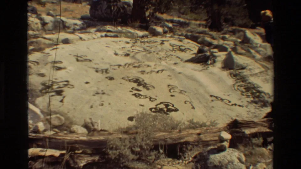 The camera frames a pale weathered boulder with dark abstract markings, with a distant hiker by the forest edge.