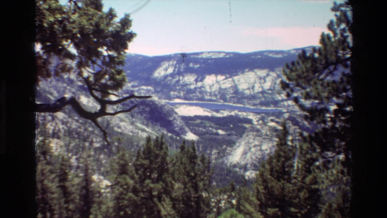 1981 8mm home-movie view of a forested mountain valley with pale rock slopes and pine branches in the foreground.