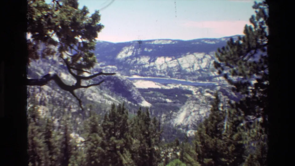1981 8mm home-movie view of a forested mountain valley with pale rock slopes and pine branches in the foreground.