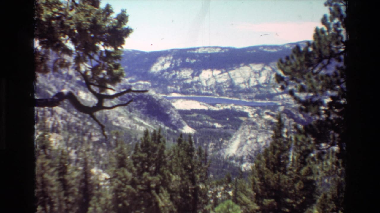 Mountain overlook with trees in the foreground and a pale valley feature below.