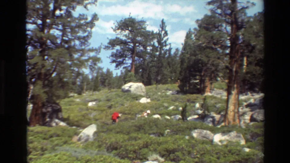 A distant red-shirted hiker is visible among low forest brush, boulders, and pine trees in the 8mm frame.