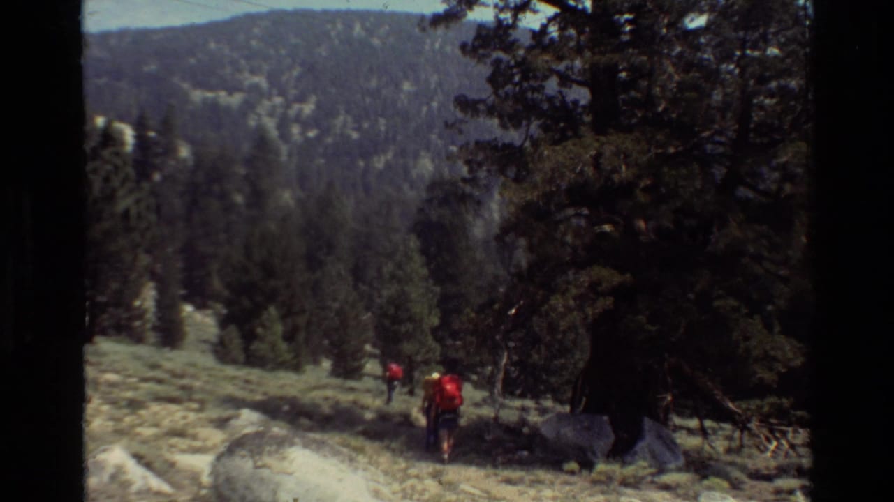 Two hikers with red packs on a rocky forest trail below distant mountains.