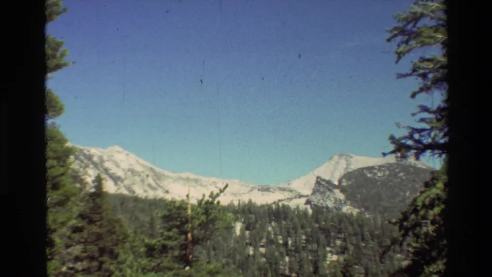 A 1981 8mm landscape view shows a pale mountain peak above dense evergreen forest under a blue sky.