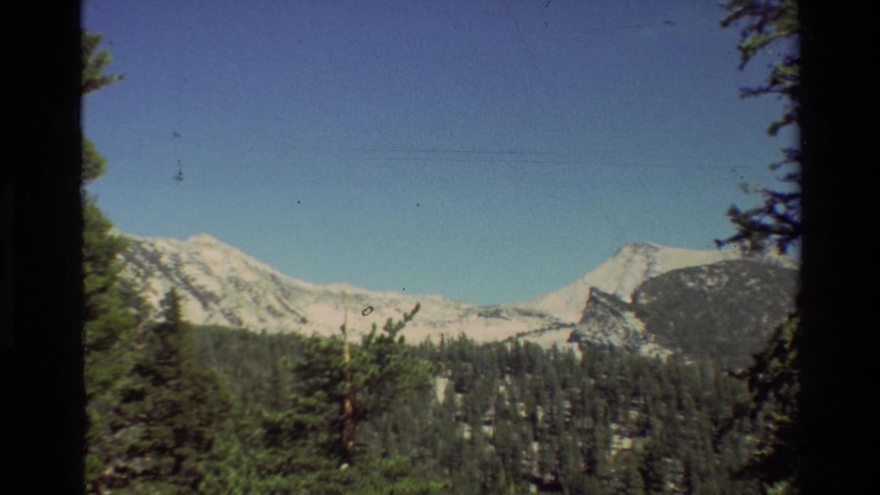 Mountain ridge and snow patches seen through conifers under a blue sky.