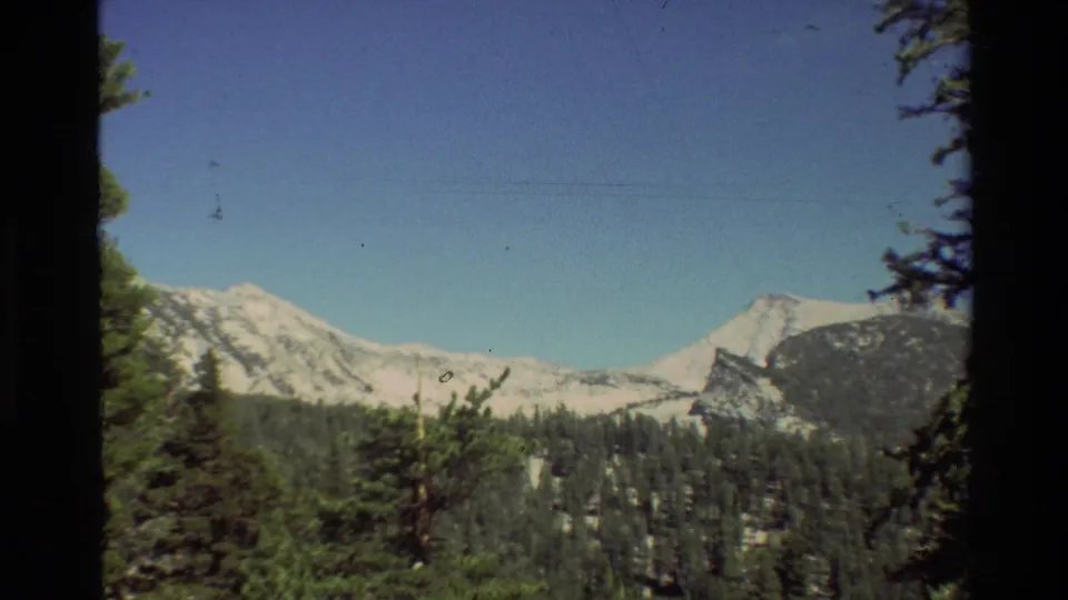 8mm home-movie frame with a distant snow-streaked mountain ridge, evergreen foreground, and dark vertical trunk framing.