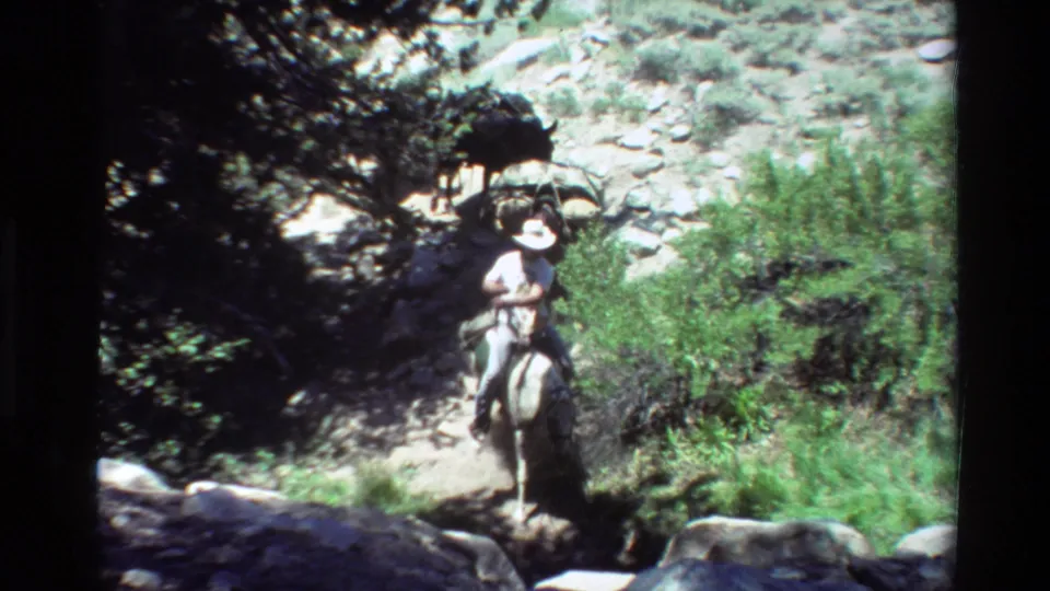 Near the end of the 8mm clip, the rider passes close to camera with pack animals visible behind in the shaded brush.