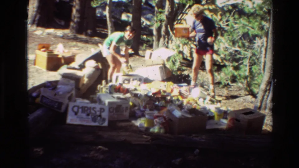One person bends near the waste pile while another stands by trees and cardboard boxes during the cleanup.