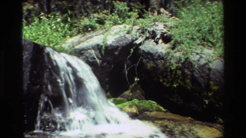 Sunlit 8mm view of water running over a rock ledge in a green forest setting, listed from the 1981 British Columbia reel.