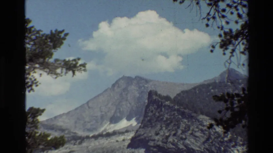 Listed 1981 8mm footage shows rocky mountain peaks beneath clouds, framed by conifer branches and dark tree trunks.
