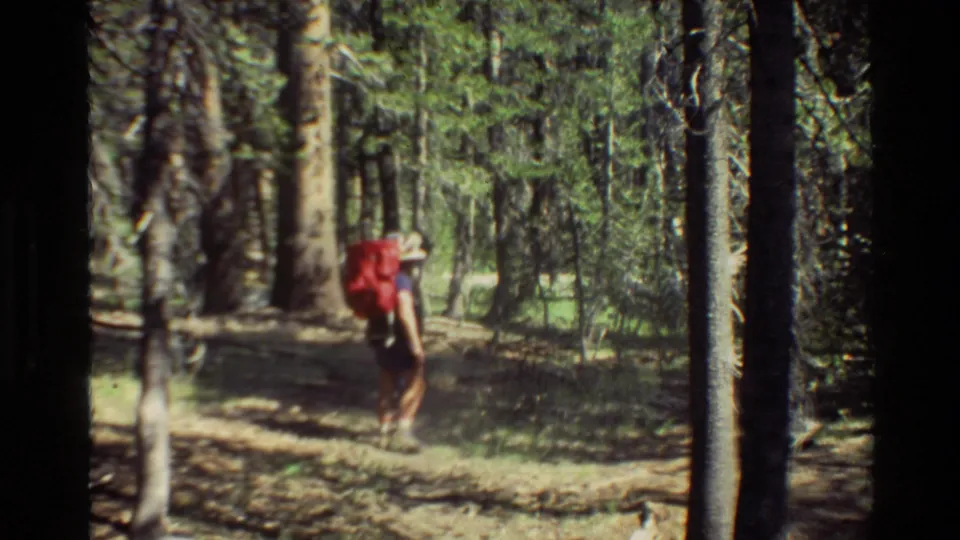 A hiker with a red backpack moves along a sun-dappled forest trail in the listed 1981 mountain hiking footage.
