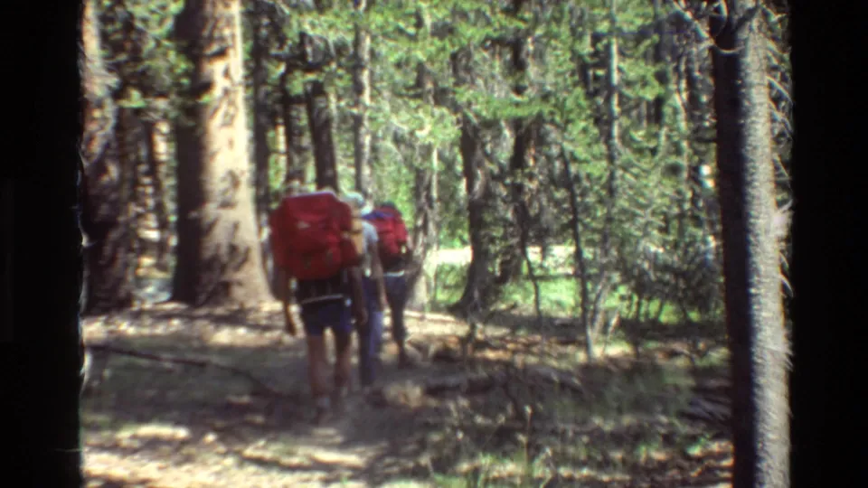 Two hikers with red backpacks walk away from the camera on a forest trail in listed 1981 8mm mountain hiking footage.