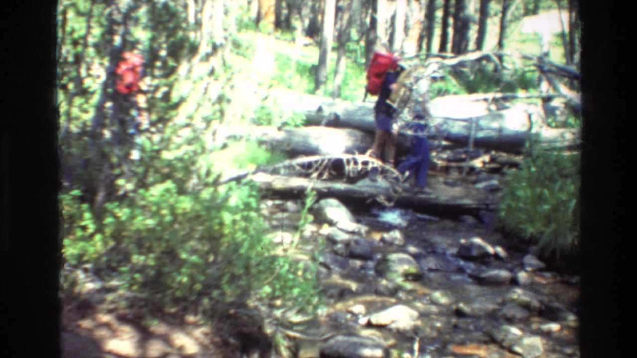 1981 8mm frame of hikers with red backpacks moving across fallen logs over a rocky forest stream in the supplied British Columbia setting.