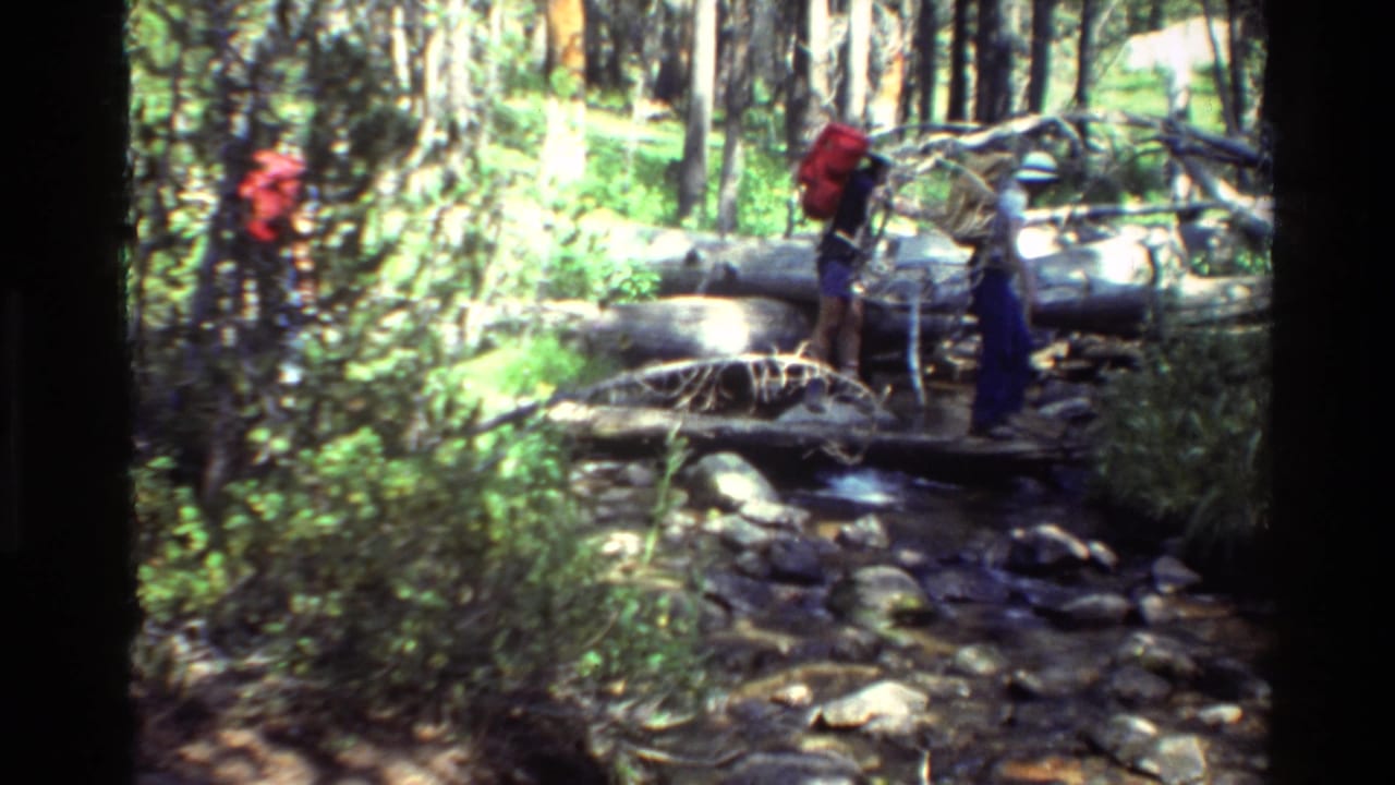 Two hikers with bright red packs appear near logs spanning a rocky creek, framed by trees and brush in 1981 home-movie footage.