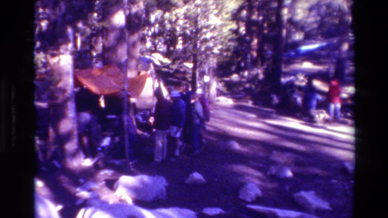 A small group stands near an orange tent among trees at a campsite.