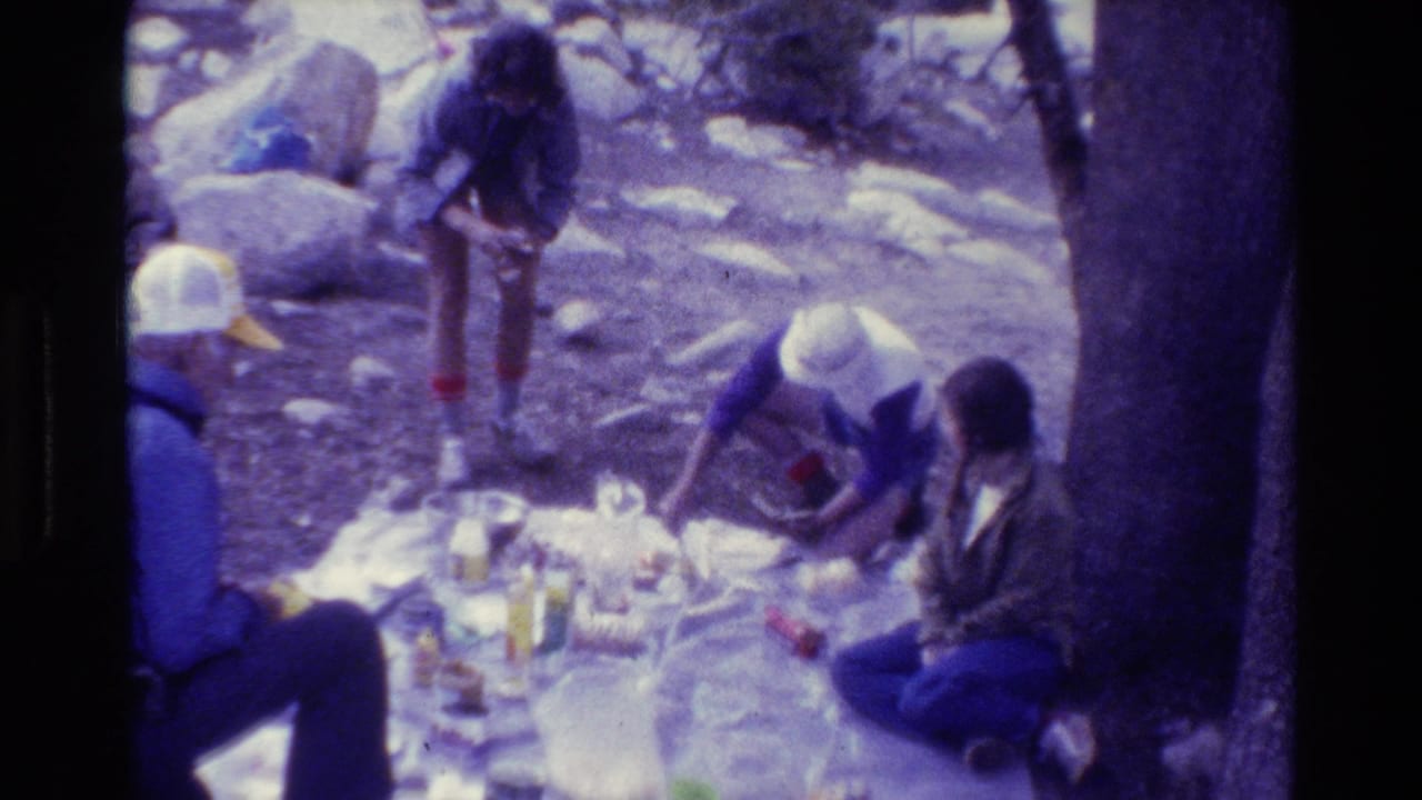 People sit and stand around a picnic spread on a blanket outdoors.