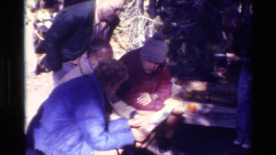 Adult men remain gathered over papers or a map at a forest bench, with trees, shadow, and soft 8mm home-movie texture visible.