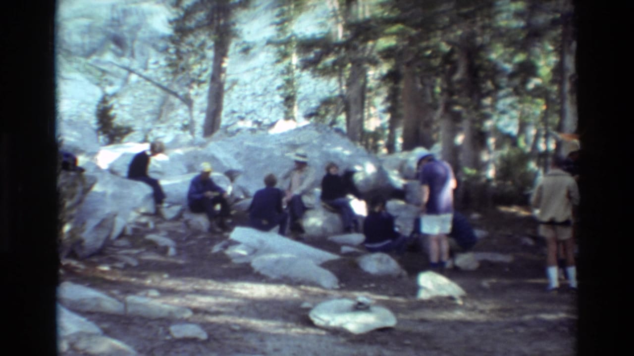 Group of campers gathered among boulders and pine trees in a shaded forest clearing.