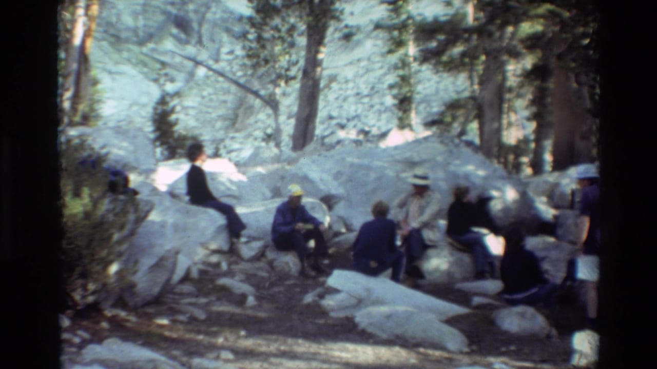 Campers seated and standing on rocks beneath tall trees in a mountain forest.