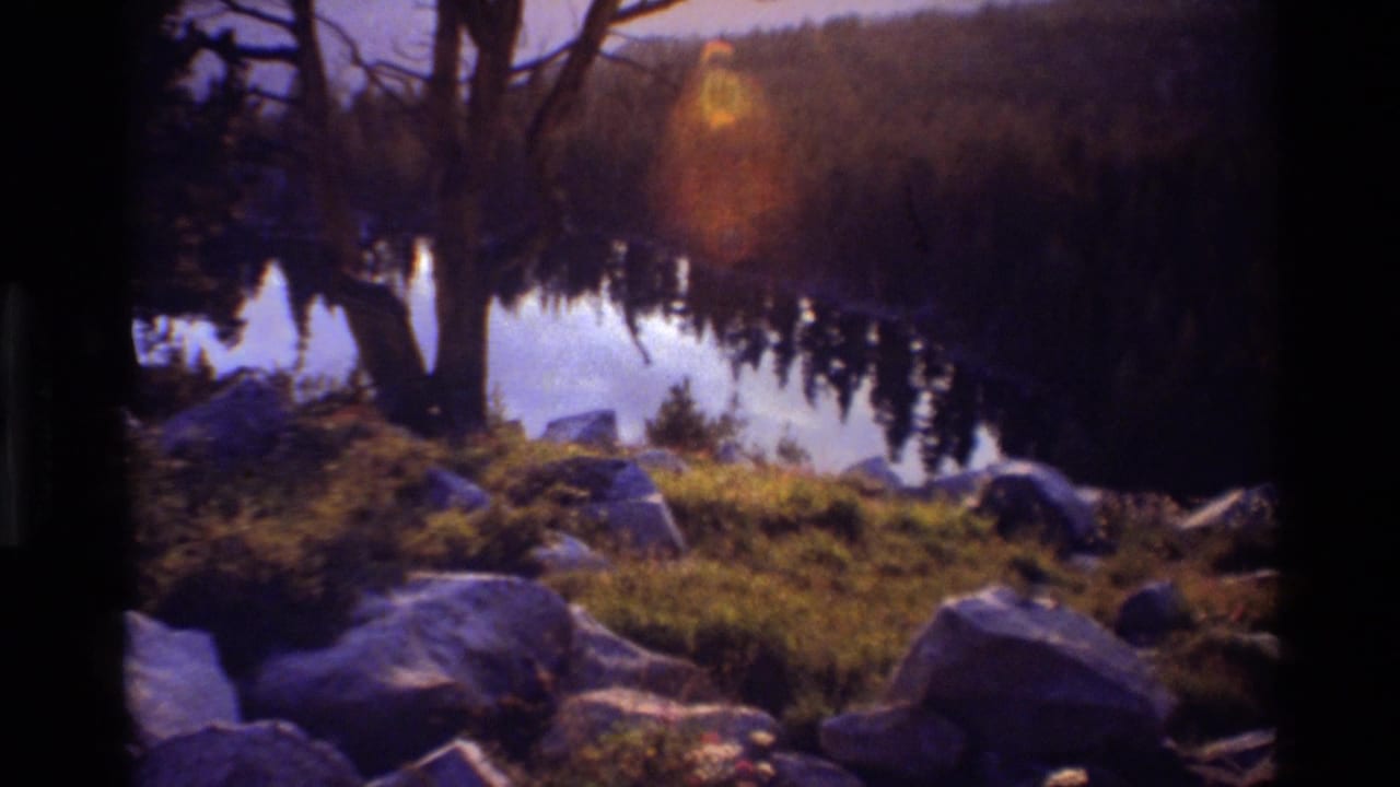 1981 8mm home-movie frame of a rocky lakeshore with bare tree silhouettes, calm water, forest reflection, and distant hills in British Columbia metadata context.