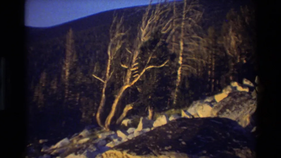 Final 8mm frame with bare trees, rocky foreground, a dark mountain form, and clear blue sky in the stated British Columbia landscape.