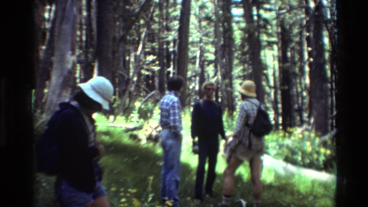 Four adults with hats, plaid shirts, and backpacks pause on a forest trail in 1981 home-movie footage from the listed British Columbia location.