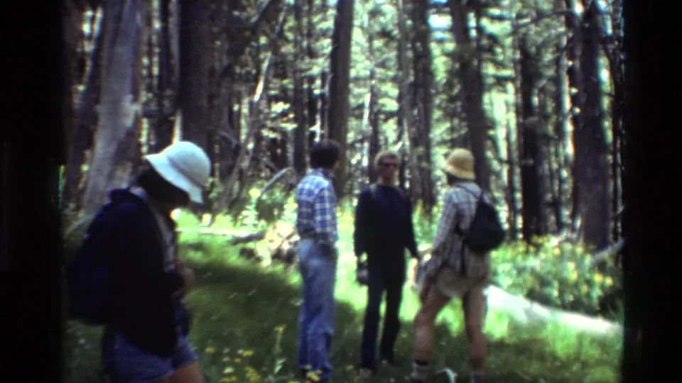 Four adults with hats, plaid shirts, and backpacks pause on a forest trail in 1981 home-movie footage from the listed British Columbia location.