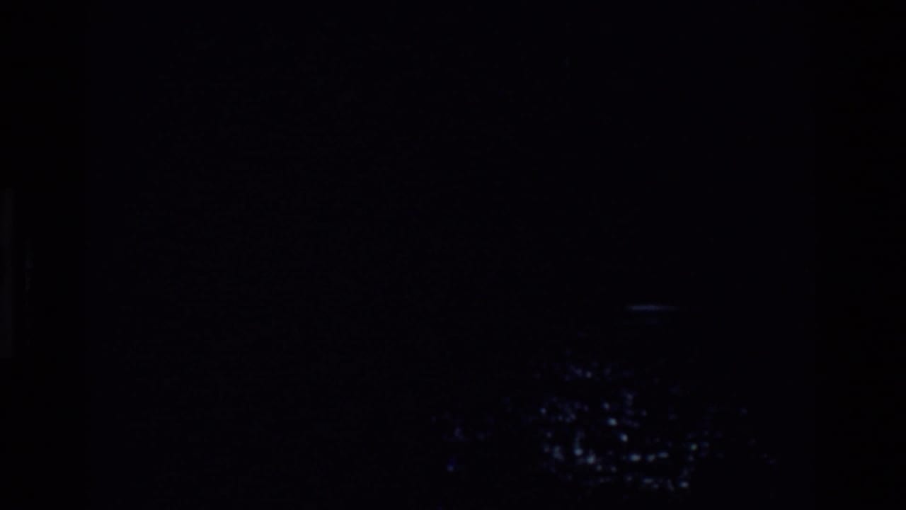 Dark opening 8mm frame with only faint blue highlights suggesting the river and trees visible in later frames.