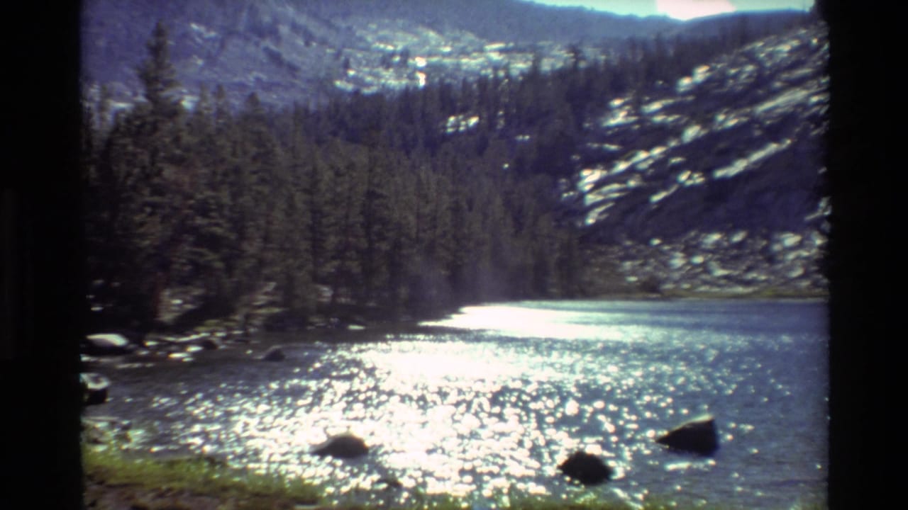 Listed 1981 British Columbia 8mm frame showing shimmering lake water, dense evergreens, dark rocks near shore, and rugged slopes behind.