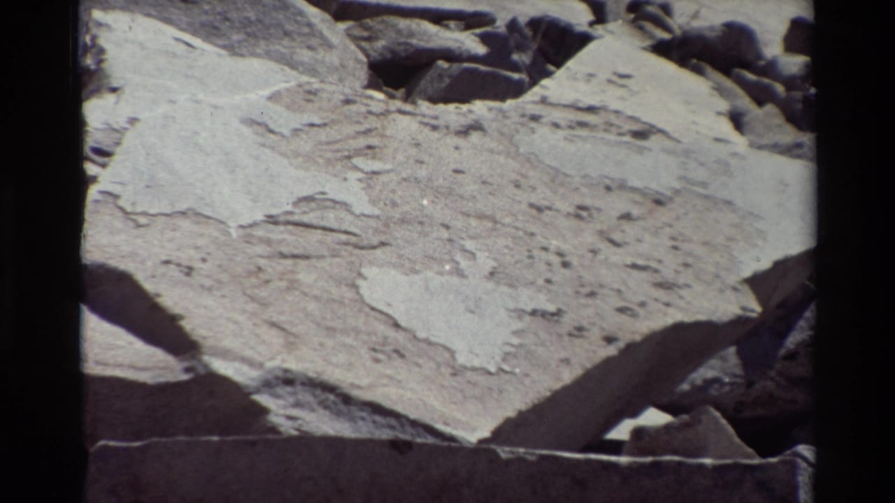 1981 8mm frame showing pale, weathered rock slabs and surrounding darker rubble in the British Columbia location metadata.