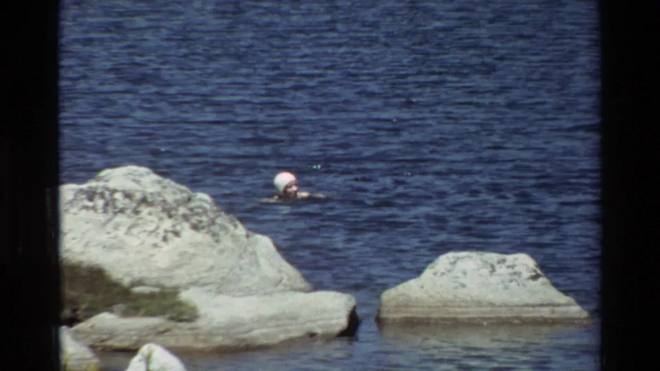 The swimmer's capped head appears beyond pale shoreline rocks in a blue lake or coastal inlet setting.