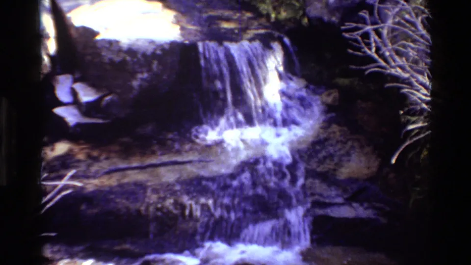 1981 8mm home-movie view of a waterfall over dark stone, with bright foam and foliage near the edge of the frame.