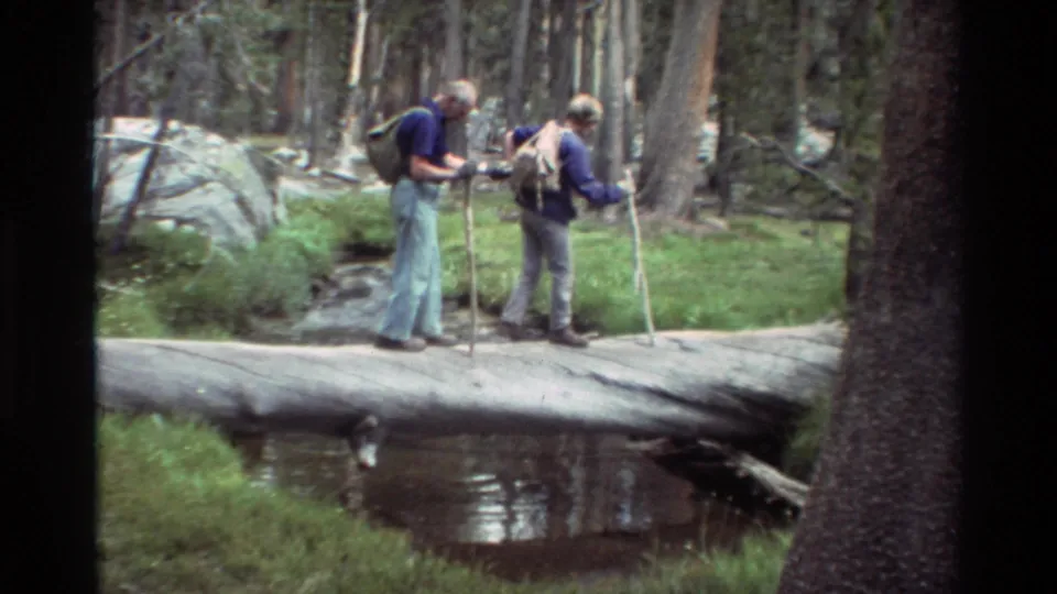 Two older hikers in backpacks stand on a fallen log crossing, surrounded by grass, creek water, rocks, and tall forest trees.
