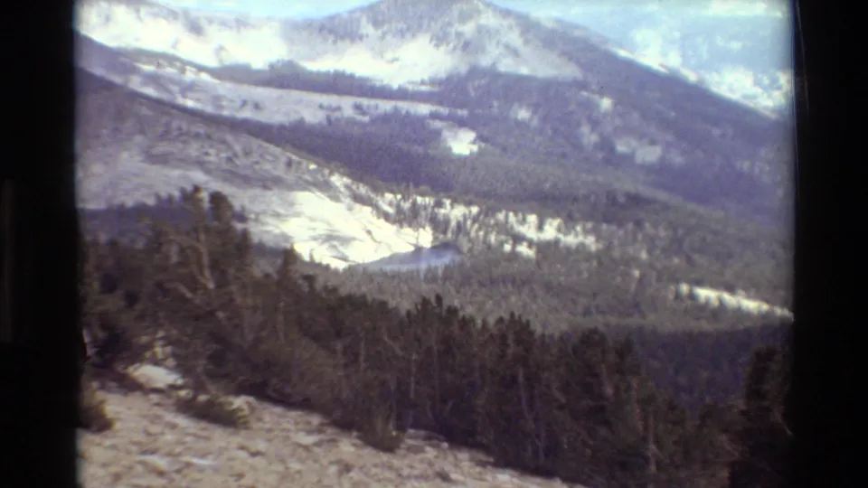 Listed 1981 British Columbia 8mm frame of a forested mountain valley, patchy snow on distant slopes, and darker conifers in the foreground.