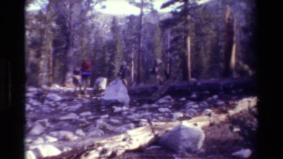 1981 8mm home-movie frame of backpackers moving through a rocky forest trail with tall evergreens and fallen wood.