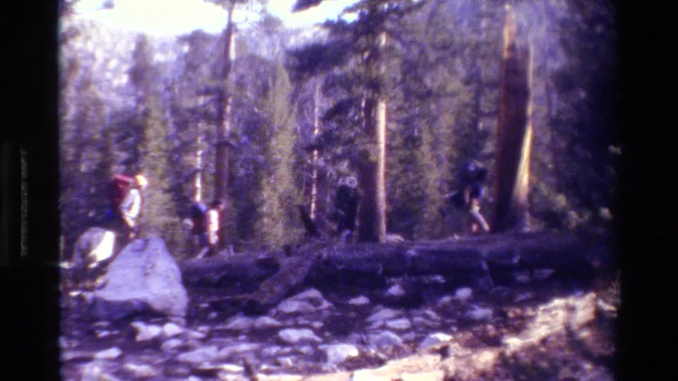 Soft 8mm frame showing backpackers on a rocky uphill forest path, with large packs, trees, and a pale boulder in the foreground.