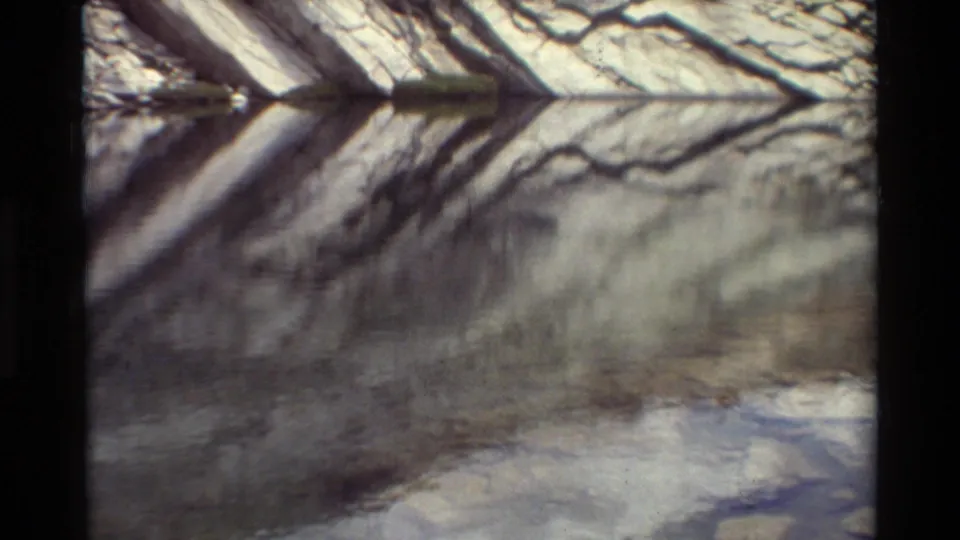 1981 8mm frame listed as British Columbia, showing a soft reflected rock face and branch lines across the water during handheld movement.