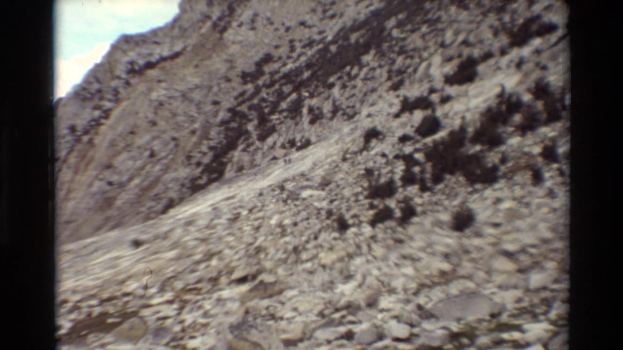 The camera holds on a steep rocky trail across a scree-covered hillside, with scrub and soft 8mm color fading.