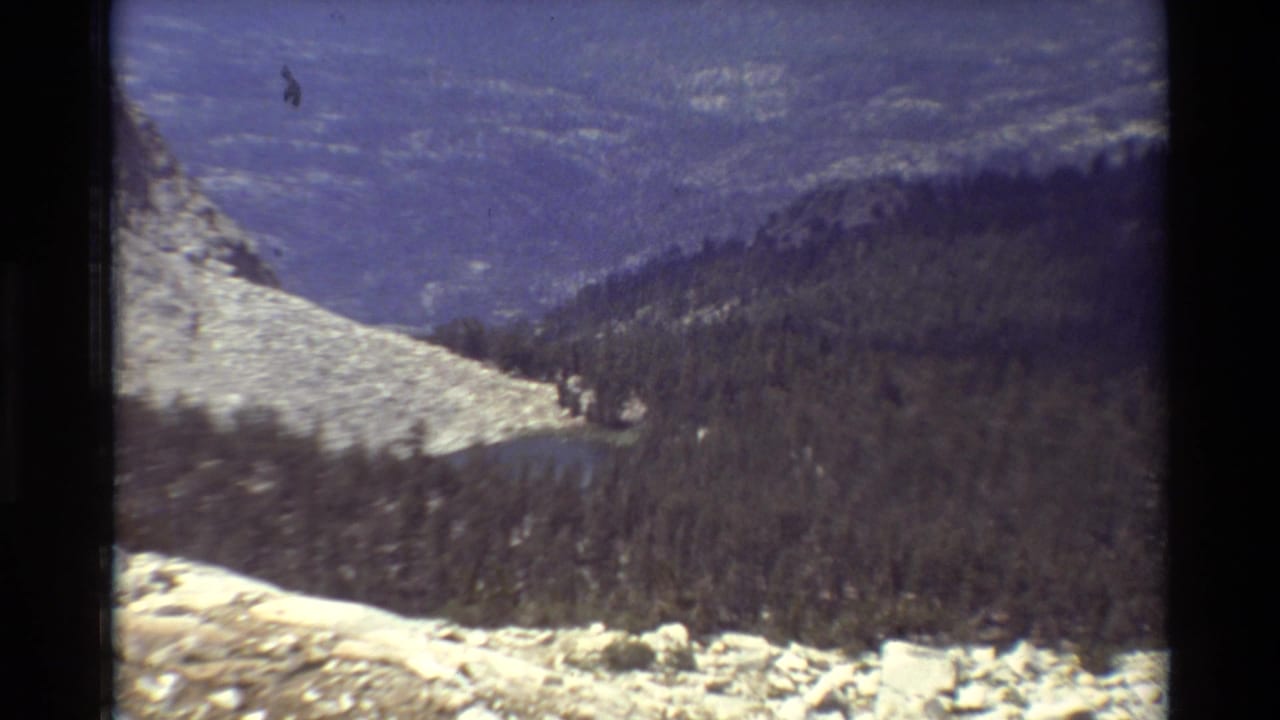 1981 8mm frame of a distant alpine landscape with pale rock, dark evergreen forest, and hazy mountain ridges.