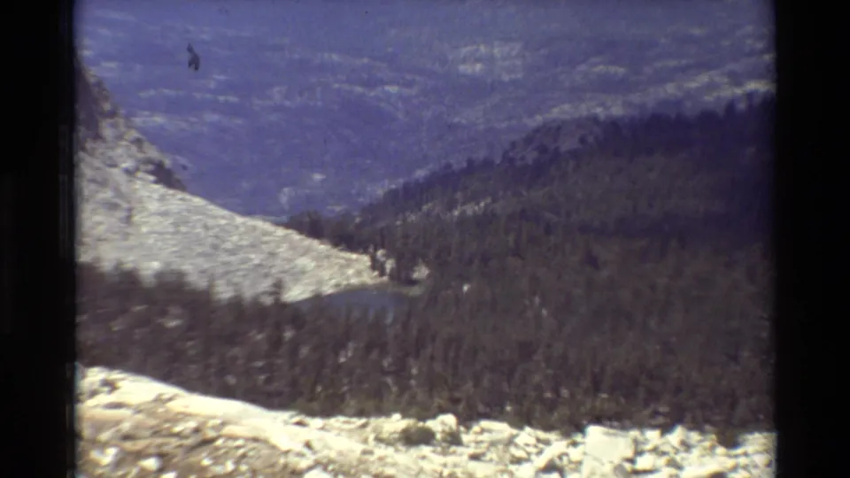 1981 8mm frame of a distant alpine landscape with pale rock, dark evergreen forest, and hazy mountain ridges.