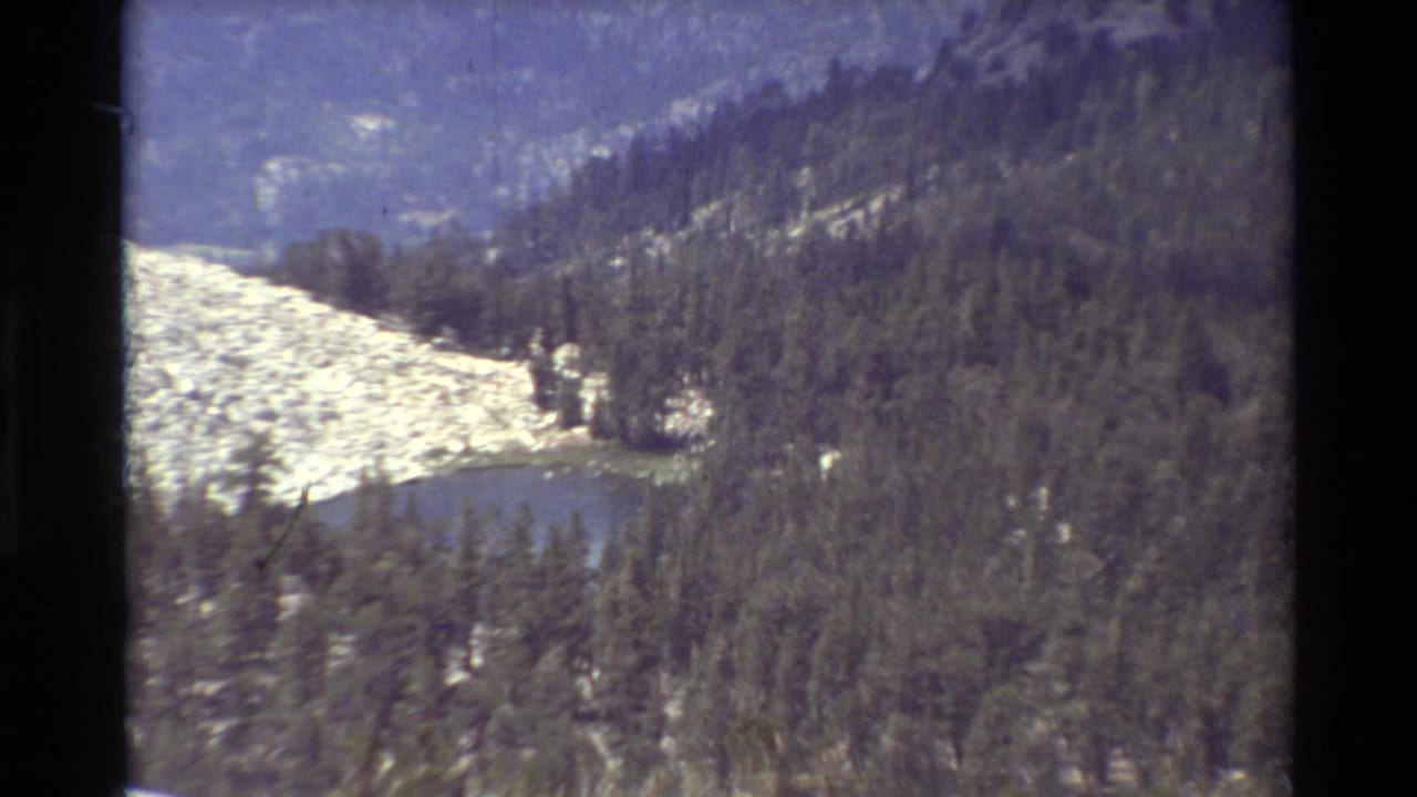 Small mountain pond among evergreen trees below pale rocky slopes.