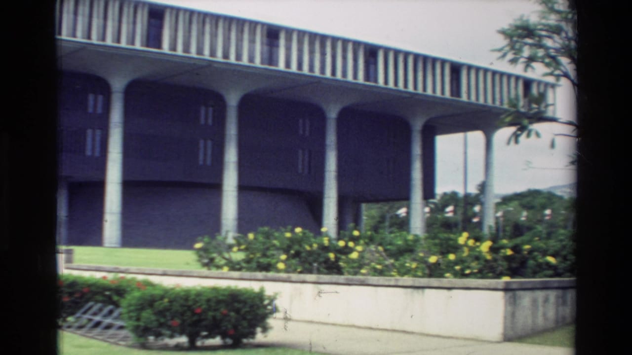 Concrete-columned building facade behind a low planter with yellow flowers and shrubs.