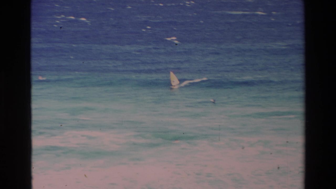 Windsurfer moving across blue-green ocean water.