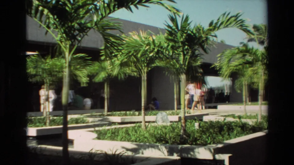 Pearl Harbor visitor grounds in 1981, showing palms, landscaped paths, and people near a low building.